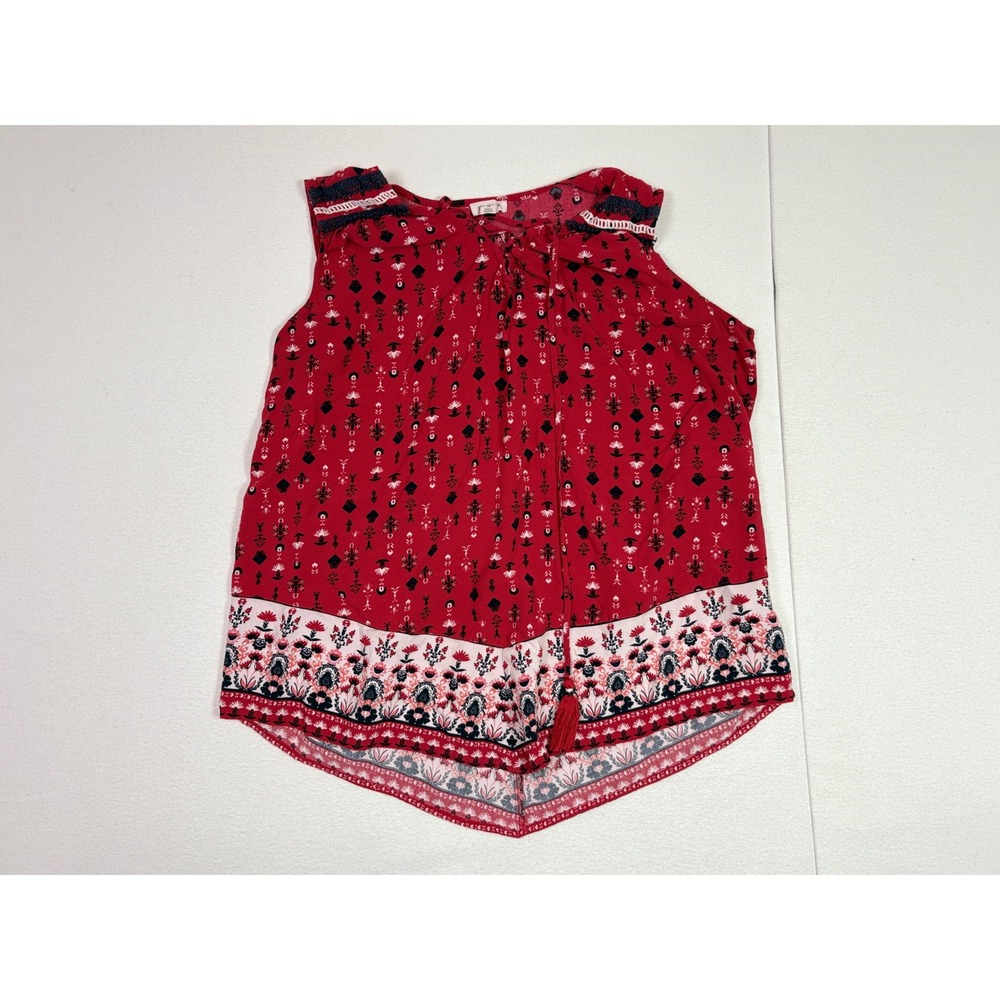 Westport Womens 1X Red Boho Floral Rayon Sleeveless Tie Neck Sharkbite Blouse